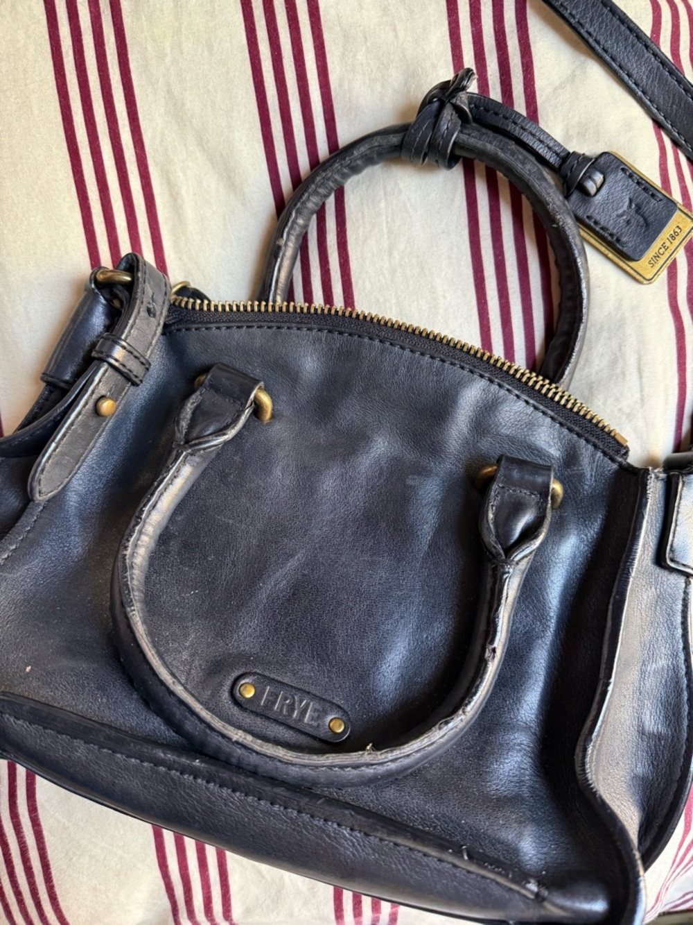 Frye Black Leather Satchel with Brass Accents